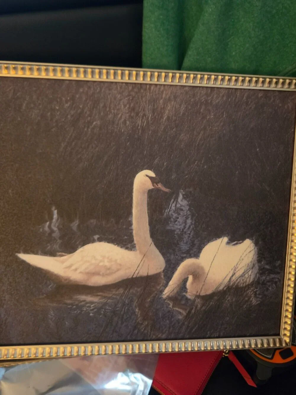 two swans in metallic frame two swans at night no glass in frame